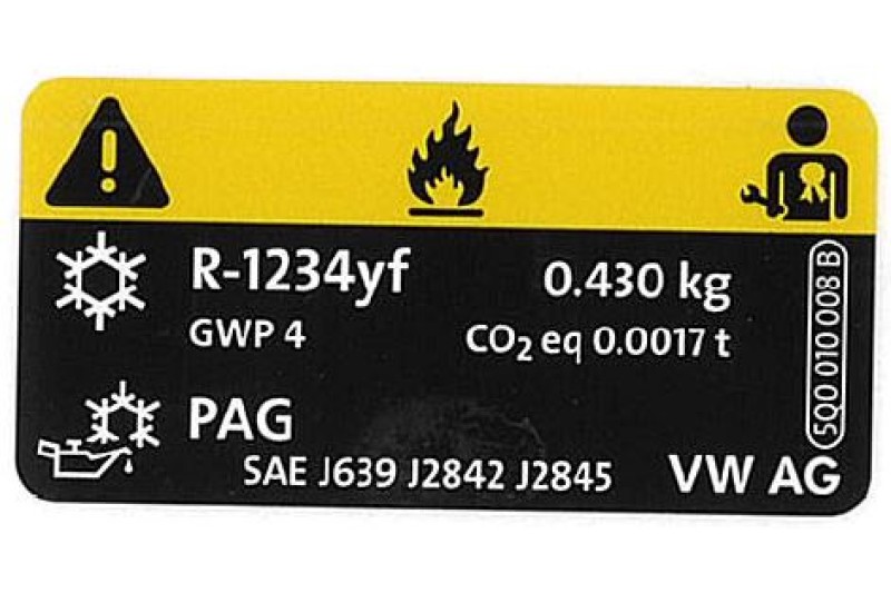 Volkswagen Audi Škoda SEAT airco koelmiddelsticker R1234yf 430 gram