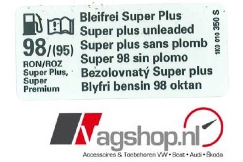 Audi/VW/Seat/Skoda sticker voor bij te vullen brandstof RON98