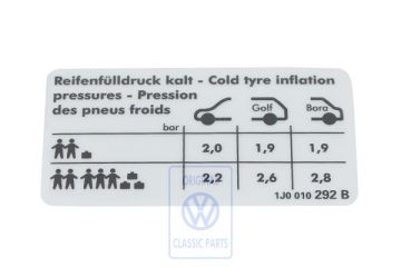 Volkswagen bandenspanningssticker - sedan, voorwielaandrijving