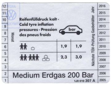 Volkswagen Golf 4 (1J) bandenspanningssticker - aardgas, meertalig