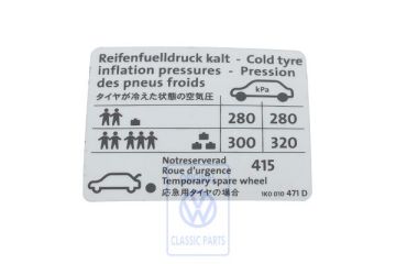 Volkswagen bandenspanningssticker - 184 kW vierwielaandrijving Japans