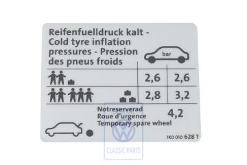 Volkswagen Golf 5 (1K) bandenspanningssticker - 169 kW