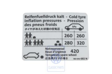 Volkswagen Golf 5 (1K) bandenspanningssticker - 169 kW Japans