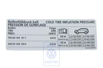 Volkswagen Caddy 3 (2K) bandenspanningssticker - personenuitvoering 1,6 liter