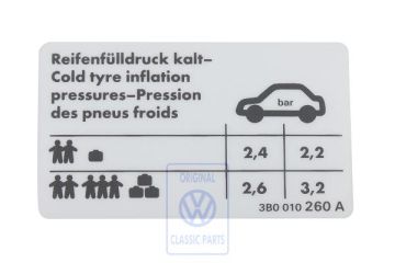 Volkswagen Passat B5 (3B) bandenspanningssticker - 5-cilinder/4-cilinder 110 kW