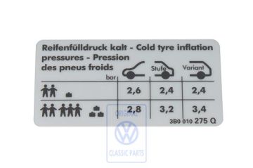Volkswagen Passat B5 (3B) bandenspanningssticker - benzine 6-cilinder