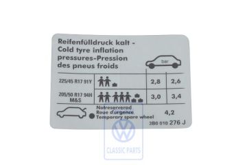 Volkswagen Passat B5 (3B) bandenspanningssticker (W8) - 17 inch onderstel