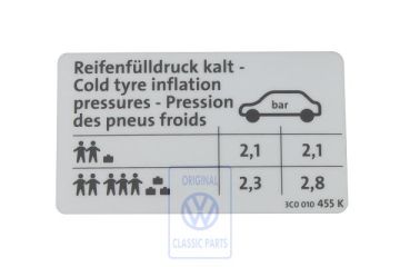 Volkswagen Passat B6 (3C) bandenspanningssticker - sedan benzine 85 kW