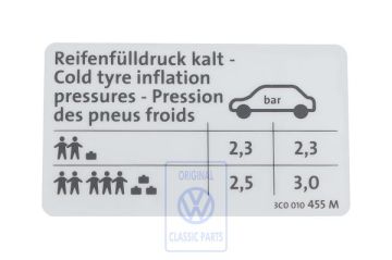 Volkswagen Passat B6 (3C) bandenspanningssticker - sedan benzine 110 kW voorwiel