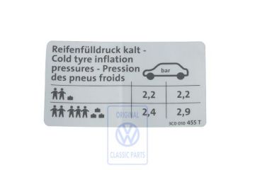 Volkswagen Passat B6 (3C) bandenspanningssticker - sedan, 77 kW (TDI)