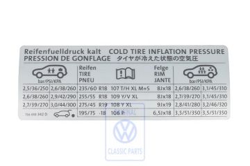 Volkswagen Touareg 1 (7L) bandenspanningssticker (10-/12-cilinder) - DE/EN