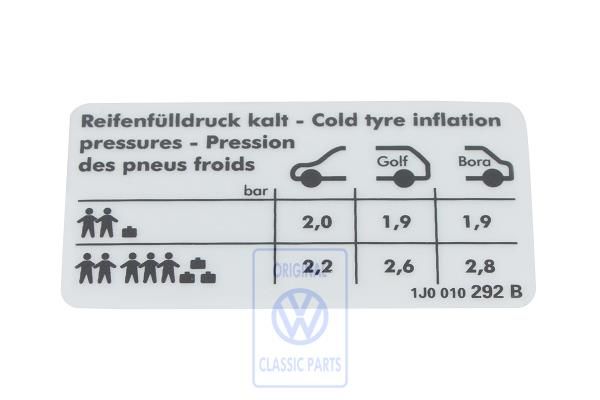 Volkswagen bandenspanningssticker - sedan, voorwielaandrijving