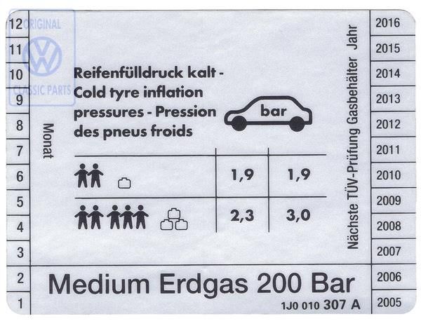 Volkswagen Golf 4 (1J) bandenspanningssticker - aardgas, meertalig