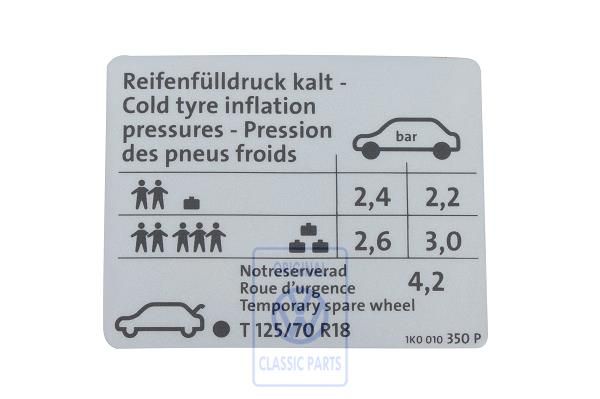 Volkswagen Golf 5 (1K) bandenspanningssticker - diesel 103 kW