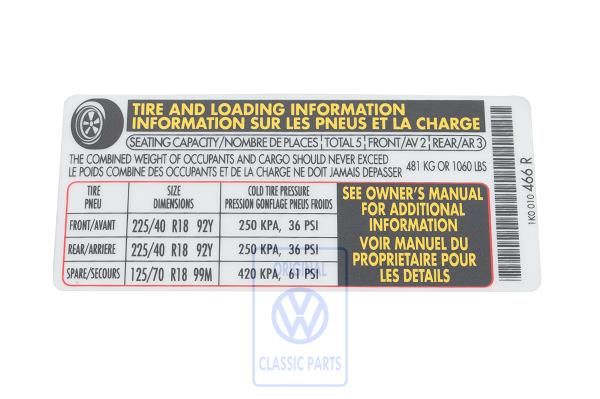 Volkswagen Golf 6 (5K) bandenspanningssticker