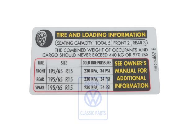 Volkswagen Golf 6 (5K) bandenspanningssticker