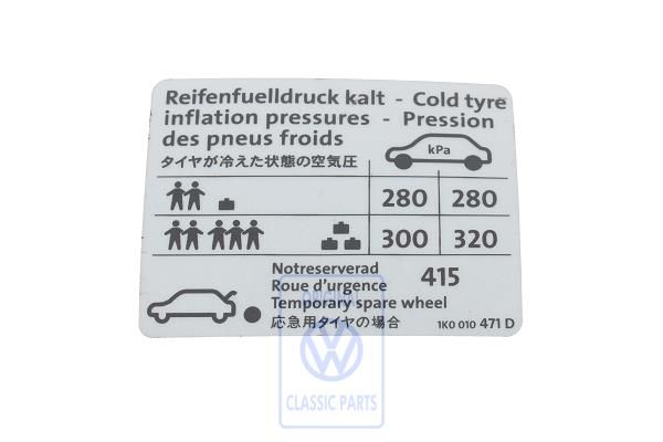 Volkswagen bandenspanningssticker - 184 kW vierwielaandrijving Japans