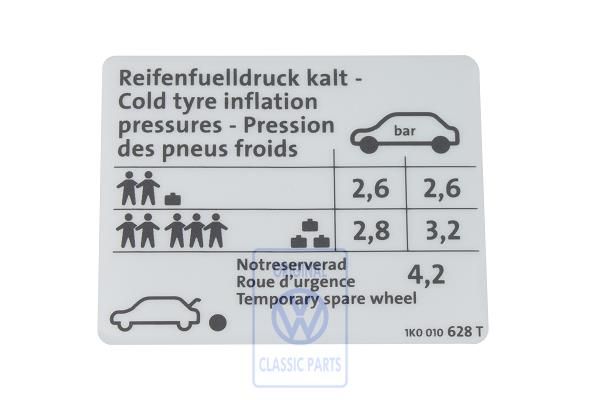 Volkswagen Golf 5 (1K) bandenspanningssticker - 169 kW