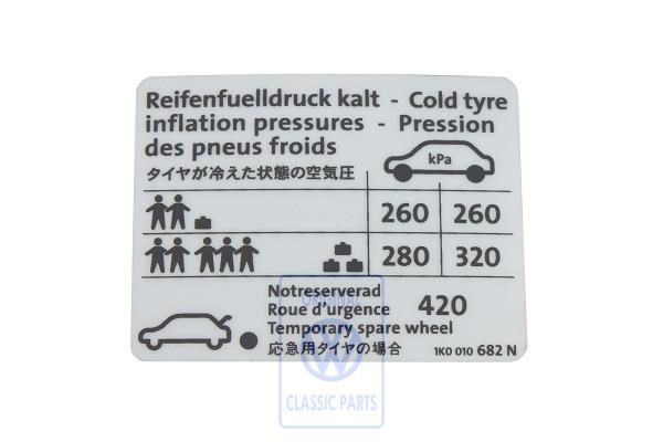 Volkswagen Golf 5 (1K) bandenspanningssticker - 169 kW Japans
