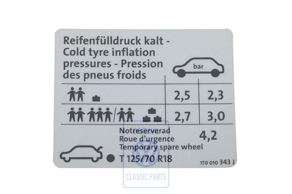 Volkswagen Touran 1 (1T) bandenspanningssticker - diesel