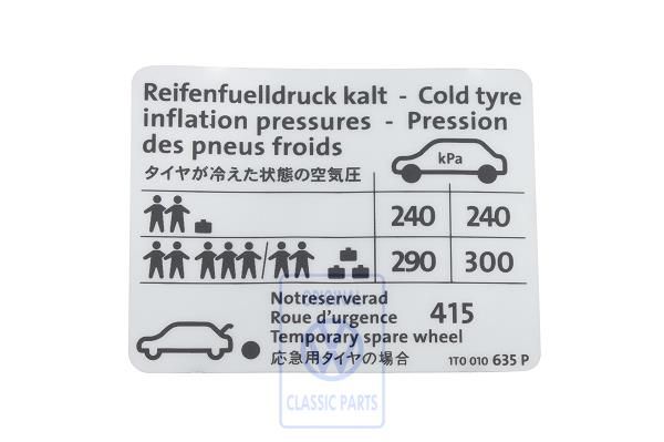 Volkswagen Golf 5 (1K) bandenspanningssticker - Japanse uitvoering