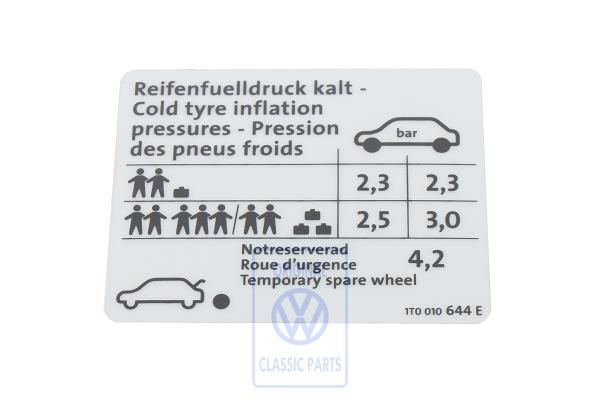 Volkswagen Touran 1 (1T) bandenspanningssticker - 80/103 kW