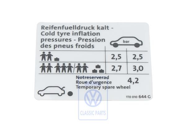 Volkswagen Touran 1 (1T) bandenspanningssticker