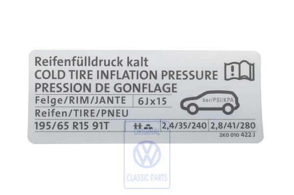 Volkswagen Caddy 3 (2K) bandenspanningssticker - bestelwagen, benzine