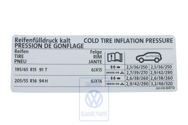 Volkswagen Caddy 3 (2K) bandenspanningssticker - personenuitvoering 1,6 liter