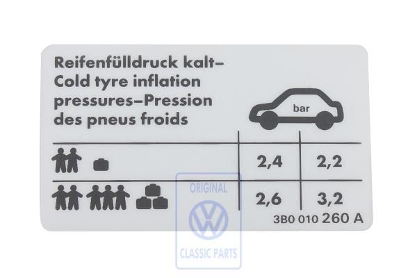 Volkswagen Passat B5 (3B) bandenspanningssticker - 5-cilinder/4-cilinder 110 kW