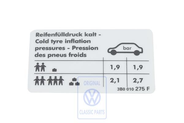 Volkswagen Passat B5 (3B) bandenspanningssticker - 75 kW
