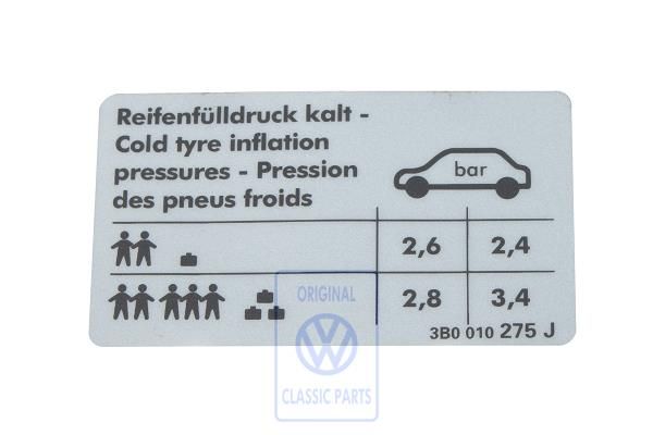 Volkswagen Passat B5 (3B) bandenspanningssticker - 5-cilinder