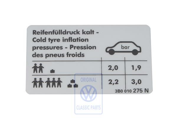 Volkswagen Passat B5 (3B) bandenspanningssticker - 2,0 liter 88 kW
