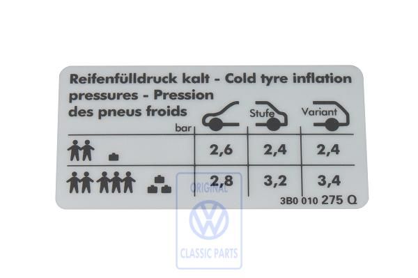 Volkswagen Passat B5 (3B) bandenspanningssticker - benzine 6-cilinder