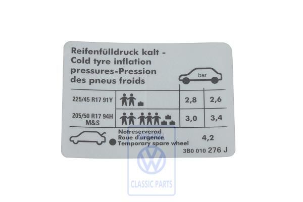 Volkswagen Passat B5 (3B) bandenspanningssticker (W8) - 17 inch onderstel