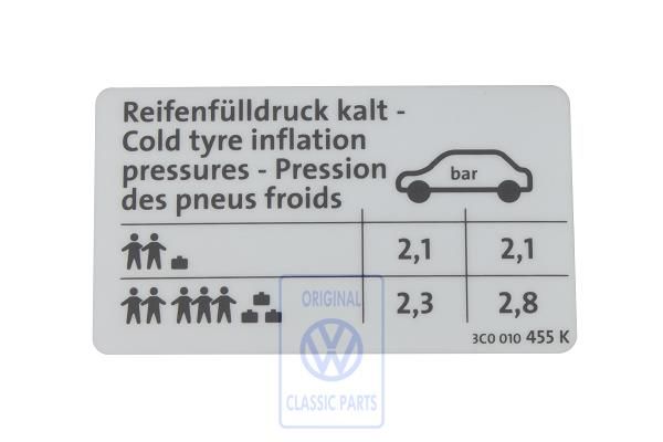 Volkswagen Passat B6 (3C) bandenspanningssticker - sedan benzine 85 kW