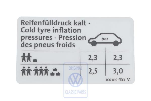 Volkswagen Passat B6 (3C) bandenspanningssticker - sedan benzine 110 kW voorwiel