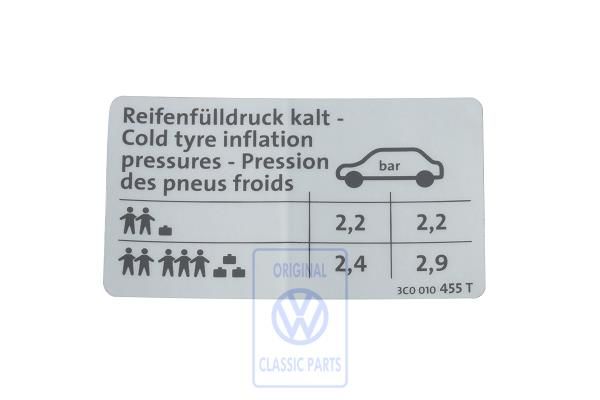 Volkswagen Passat B6 (3C) bandenspanningssticker - sedan, 77 kW (TDI)