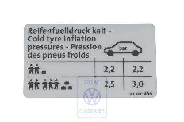 Volkswagen Passat B6 (3C) bandenspanningssticker (TDI) - stationwagen 77/81 kW