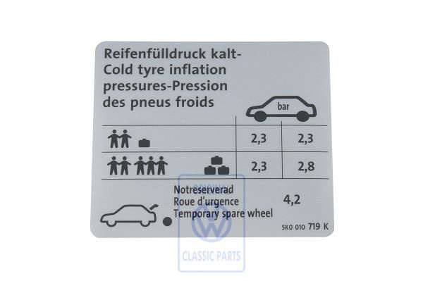 Volkswagen Golf 6 (5K) bandenspanningssticker - DE/EN/FR