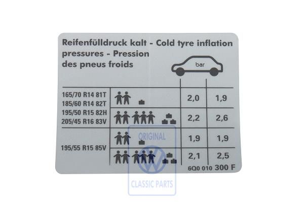 Volkswagen Polo 4 (9N) bandenspanningssticker - benzine 40/47 kW