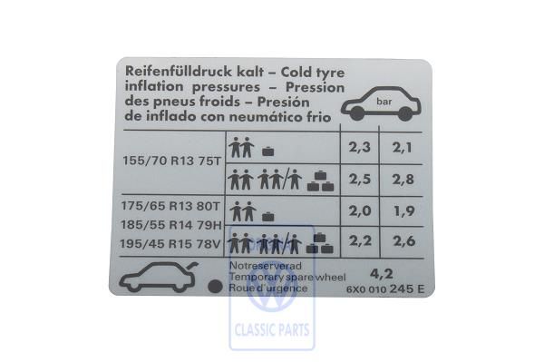 Volkswagen Lupo bandenspanningssticker - Duitstalig