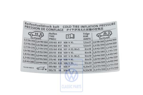 Volkswagen Touareg 1 (7L) bandenspanningssticker (6-cilinder)