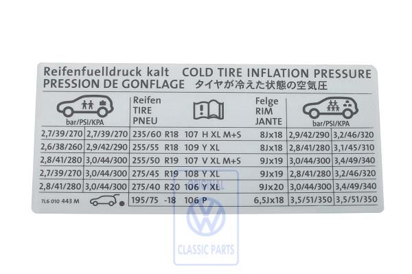Volkswagen Touareg 1 (7L) bandenspanningssticker - 10- en 12-cilinder