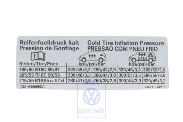 Volkswagen bandenspanningssticker - 16 inch banden